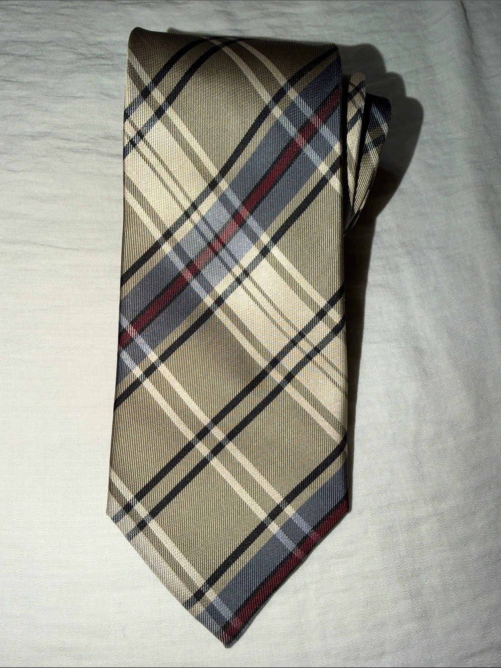 Brand Q Stunning Tan Black Ivory Blue Burgundy Diagonal Plaid Tie